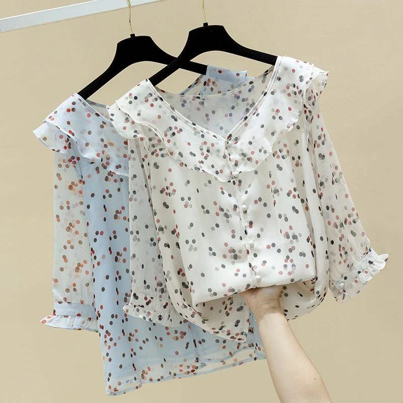 

Korean Style Dot Printed Chiffon Shirts Loose All-match O -neck Single-breasted Elegant Temperament Popular Retro Shirts