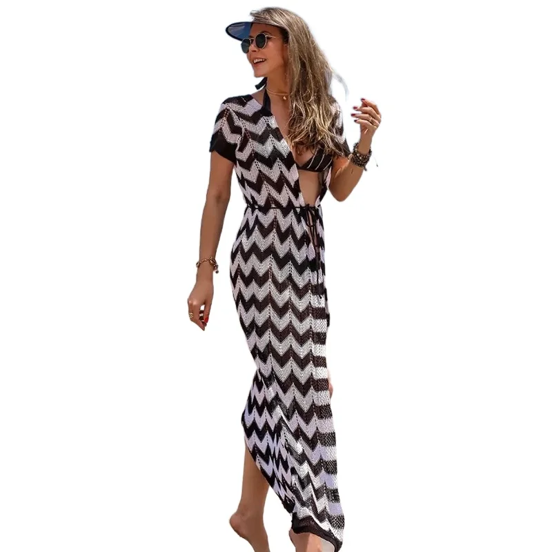 

Women Sexy Swimsuit Beach Cover Up Knitted Cardigan Cloak 2021 Summer Wave Stripes See Through Vacation Bikini Beach Maxi Dress
