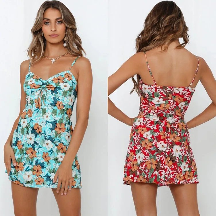 

2020 Fashion Sexy Summer Dress Boho Print Spaghetti Strap Pencil Dresses for Women V-Neck Mini Dress Clothes Ladies Sundress