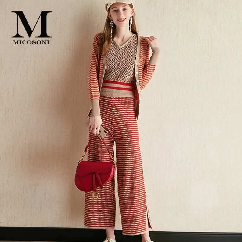 Micosoni модный вязаный кардиган жилет высокая талия широкие штаны с разрезом сбоку