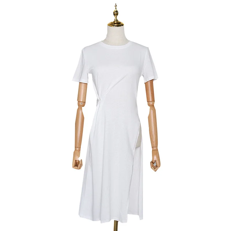 

Summer new solid color Joker women's T-shirt round neck kink high waist irregular large fork long T-shirt jacket women