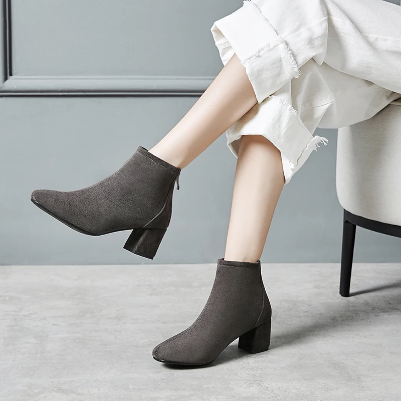 JK/ботильоны на высоком каблуке женские эластичные ботинки из флока женская обувь