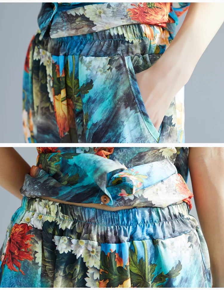 

Floral Print Women's Summer Suit Vintage Wide Leg Pants Chiffon Women 2 Piece Set Top And Pants Wholesale Clothing Women Set