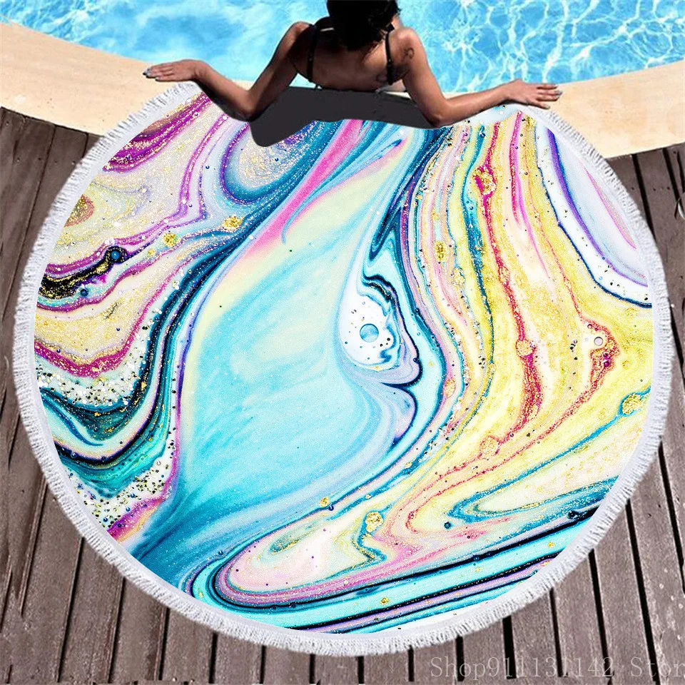 

Luxury Marble 3D Printed Circular Beach Towels Fashion Microfiber Bath Towel Sport Yoga Mat Covered with Tassels