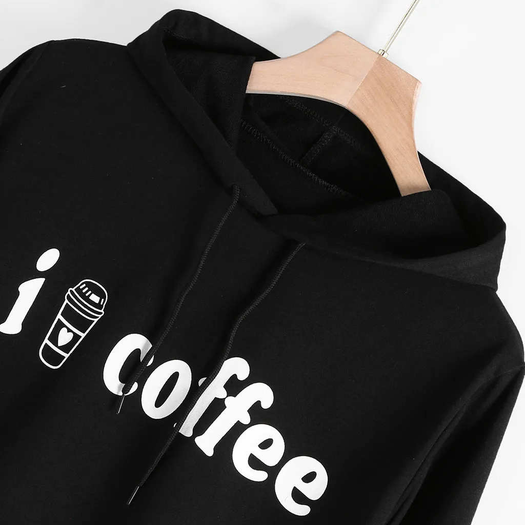 

Hoodie Sweatshirt Women Autumn I Love Coffee Letter Stripe Printed Ladies Long Sleeve Hooded Sweatshirts Pullover Top Streetwear