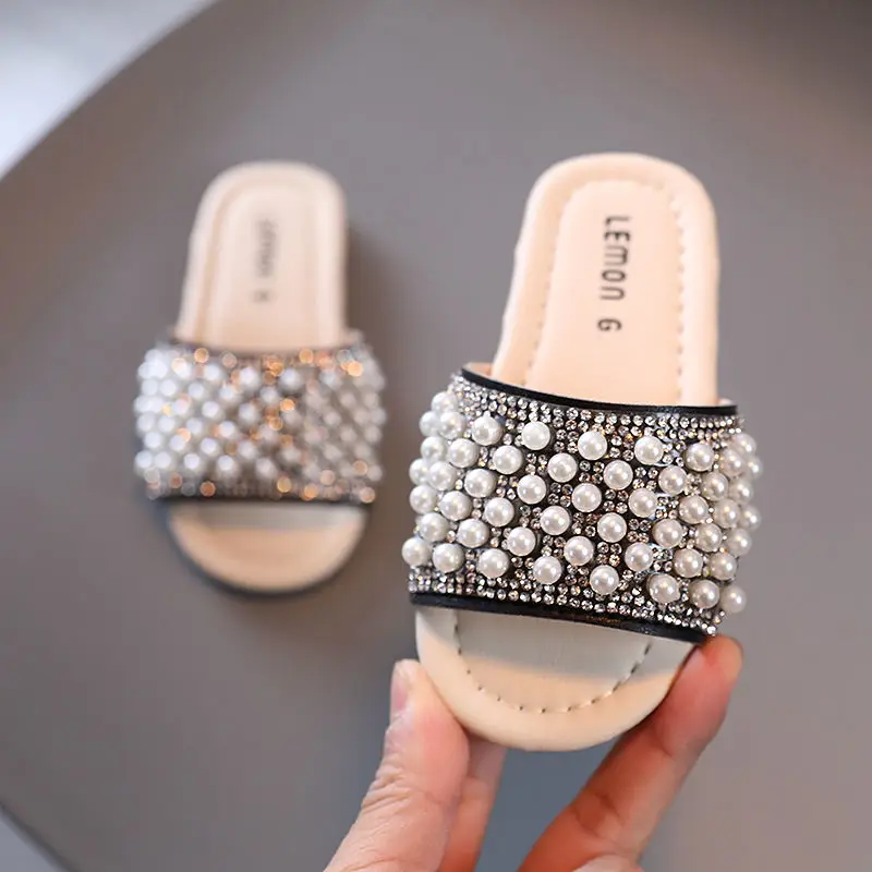 

Pearl rhinestone slippers children flat outside summer shoes toddler girls mules indoor home slippers