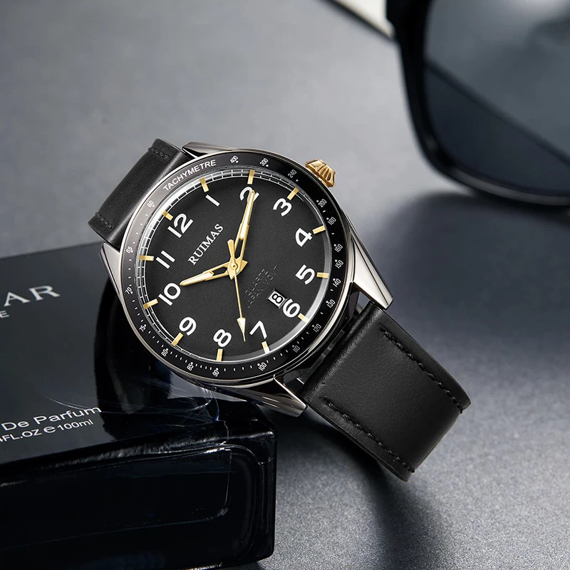 RUIMAS Простые повседневные Роскошные Кварцевые часы мужские военные кожаные