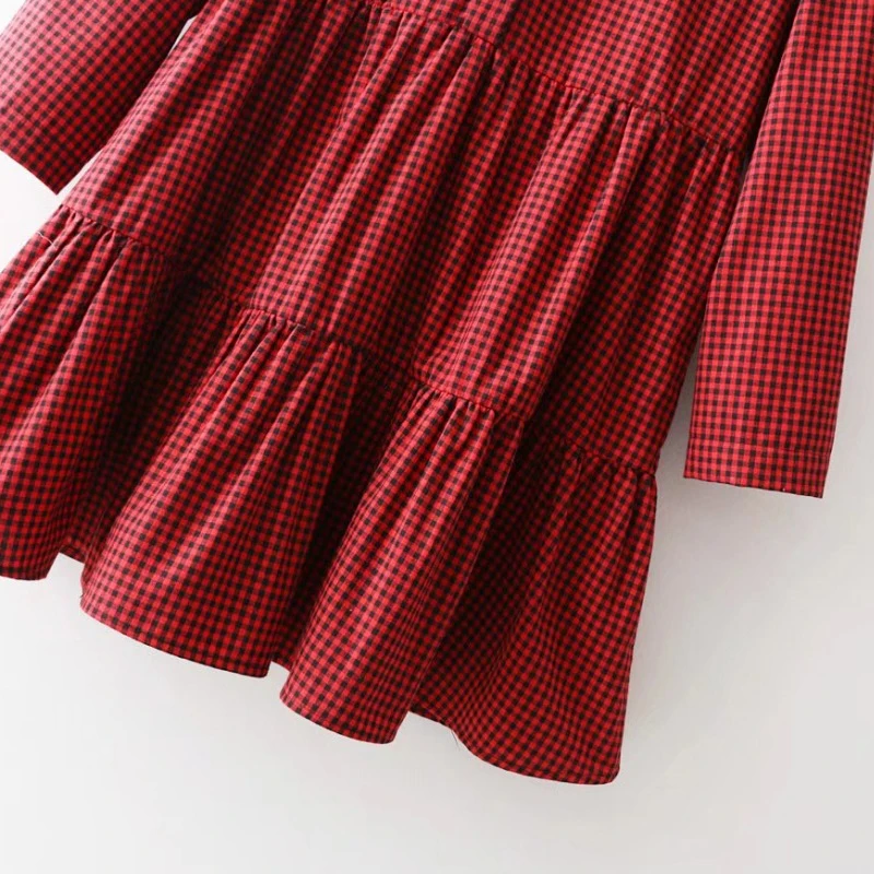 

Women Sweet Red Plaid Dress Pleated Long Sleeve Cute Ladies Fashion Spring Chic Causal Brand Dresses Vestidos 2019