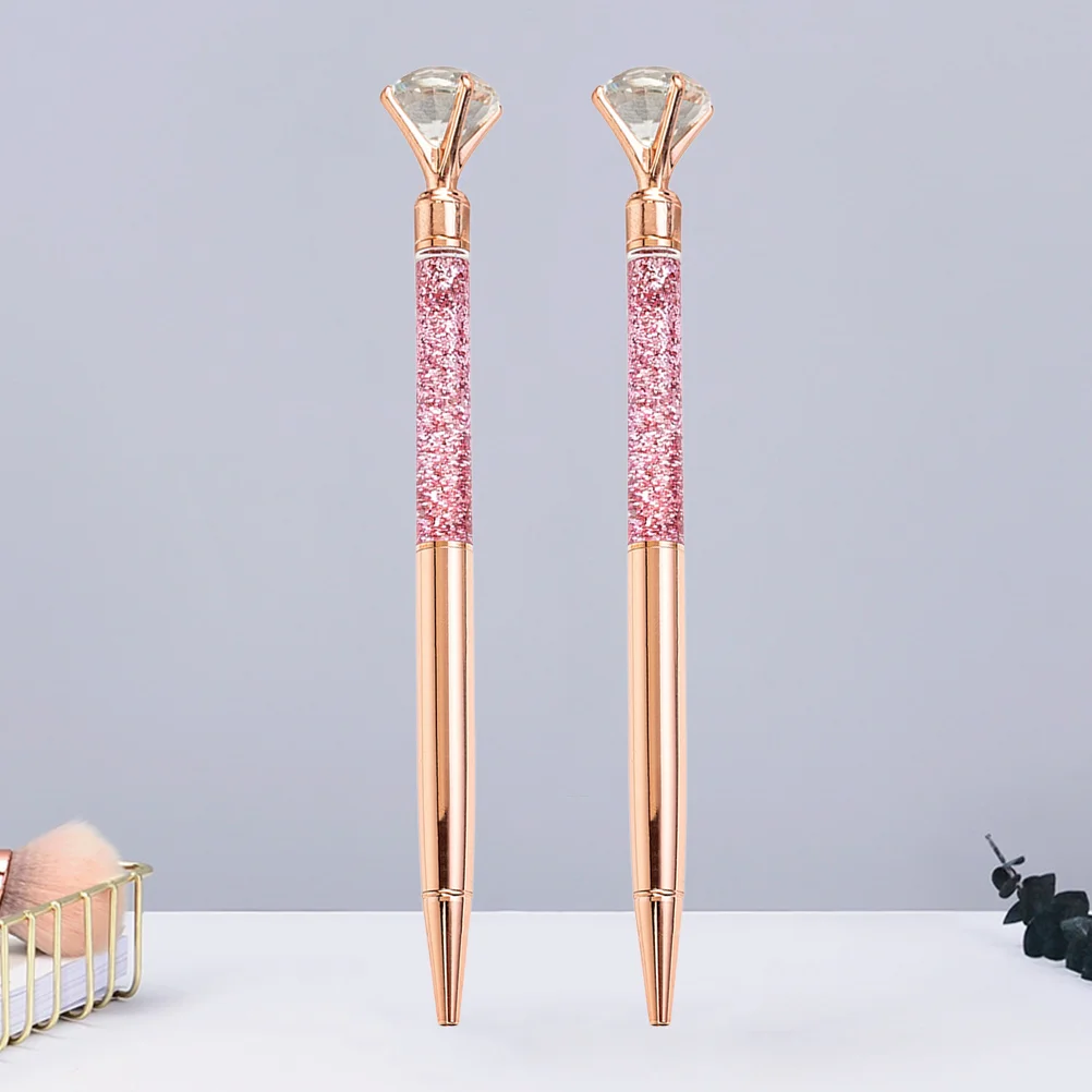 

2 шт. точечная металлическая ручка стеклянные ручки со сверкающими бриллиантами ручки для школы офиса (розовое золото)