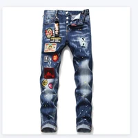 new dsq2 stitching printing mens slim jeans straight leg motorcycle rider hole pants blue jeans man