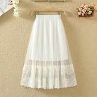 spring new lace gauze skirt womens sweet mid length high waist slim gauze skirt a line long skirt fluffy pleated skirt