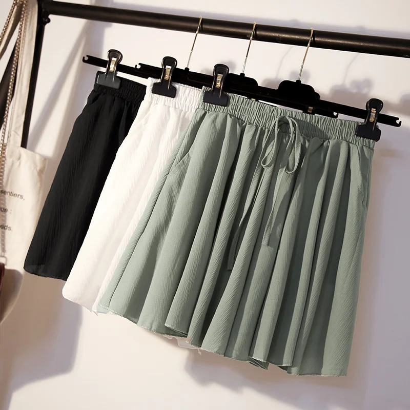 

Womens Loose Casual Solid Shorts High Elastic Waist Summer Chiffon Lace-up Large Size Sweet Korean Flare Trousers