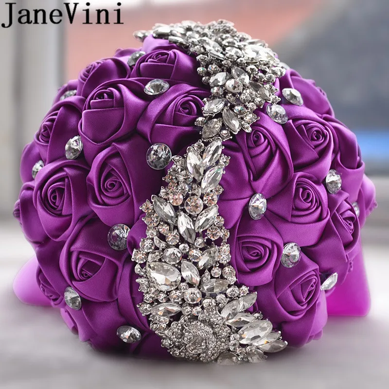 JaneVini серебряный кристалл красный свадебный букет цветов атласная роза бисером