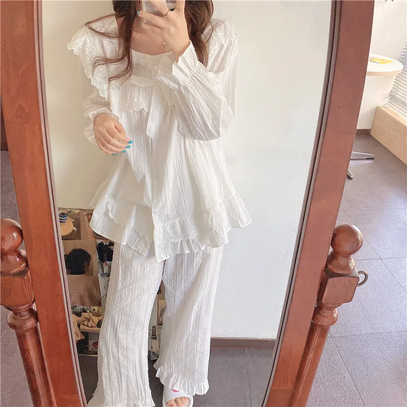 

Bowknot Lace Ruffles Pajamas Sets Sexy Cotton Female 2PCS Night Wear Sleep Suit Casual Pijamas Homewear Lingerie Nightgown