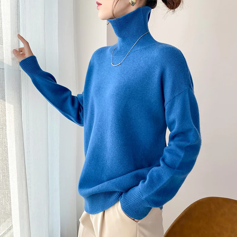 

100% Pure Wool 2020 New Cashmere Sweater Woman High Neck Solid Color Pullover Fashion Plus Size Warm Knitted Bottoming Shirt