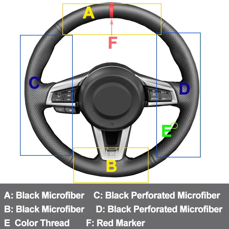 Ручная швейная обивка рулевого колеса автомобиля Красный маркер для Mazda MX5 MX-5 2016 2017 2018 2019 2020 2021 Черная искусственная кожа.