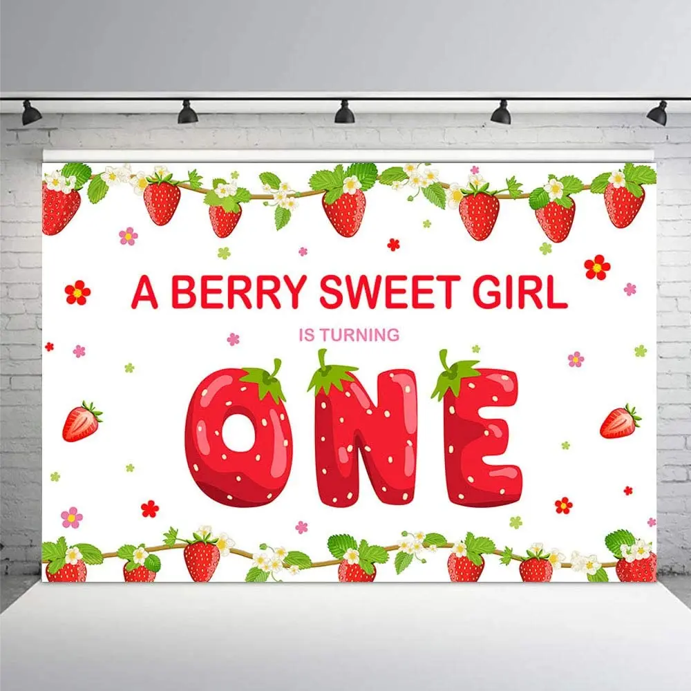 Enlarge Strawberry Girl First Birthday Party Photo Background Banner Berry Sweet Girl 1st One Birthday Red and Green Fruits Backdrops