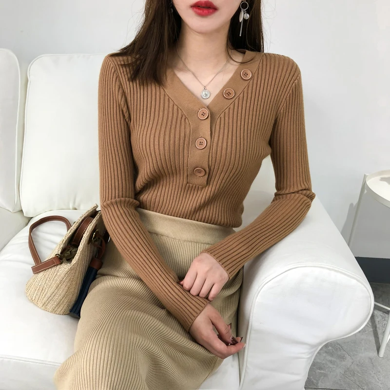 Women Sweater Winter Tops Long Sleeved V Neck Buttons Brown Sweaters Korean Knitted Pullover girl Fashion Bottoming Shirt | Женская