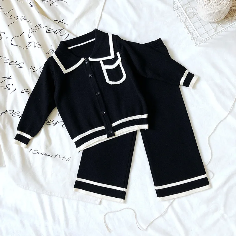 Детские комплекты одежды осень 2019 для девочек черный белый свитер и брюки костюм