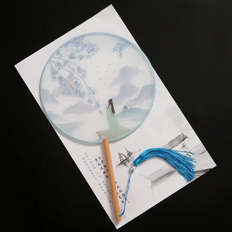 

Ancient style tassel long handle small round fan classical dance palace fan women's Chinese style portable fan durable household