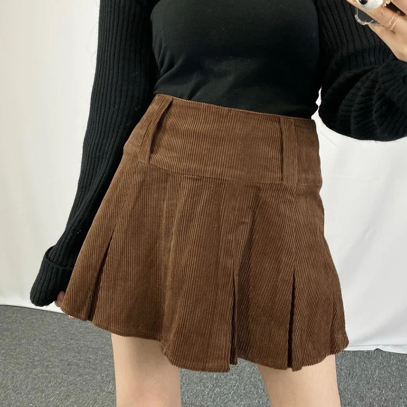 

Dourbesty 90s Y2K Aesthetic School Girl Mini Skirt Fashion Women Brown Vintage Corduroy Pleated Skirts High Waist Cute Kawaii