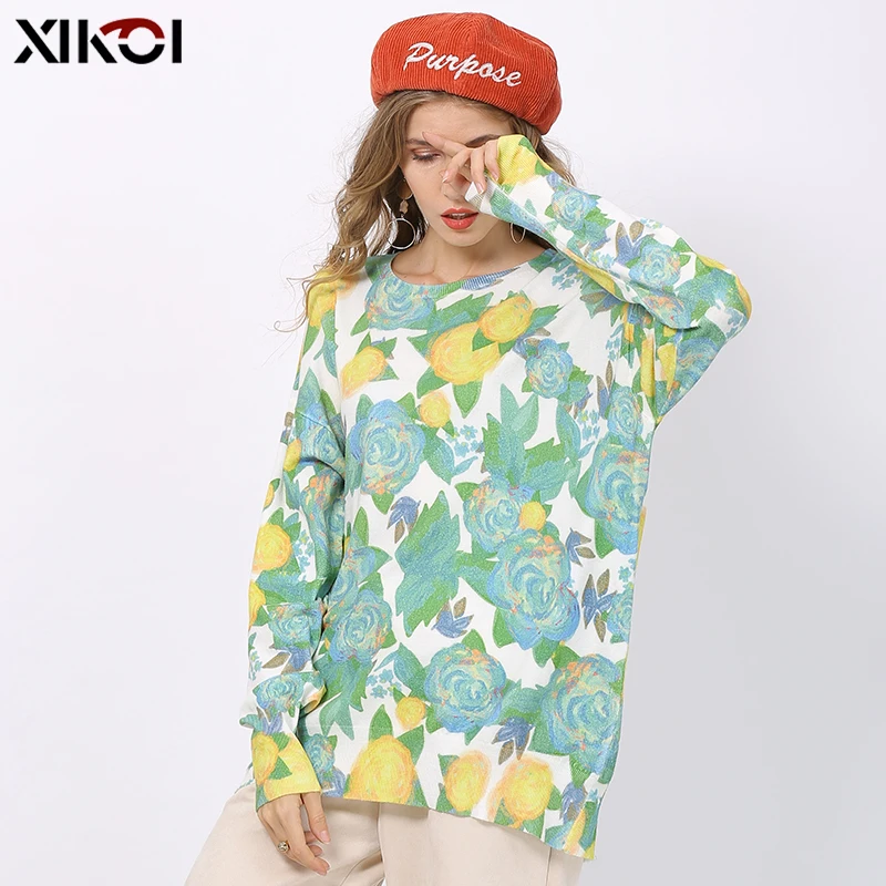 New XIKOI Fashion Sweet Rose Print Sweater For Women Winter Oversized Pullover Autumn O-Neck Jumper Knitted Pull Femme Plus Size | Женская
