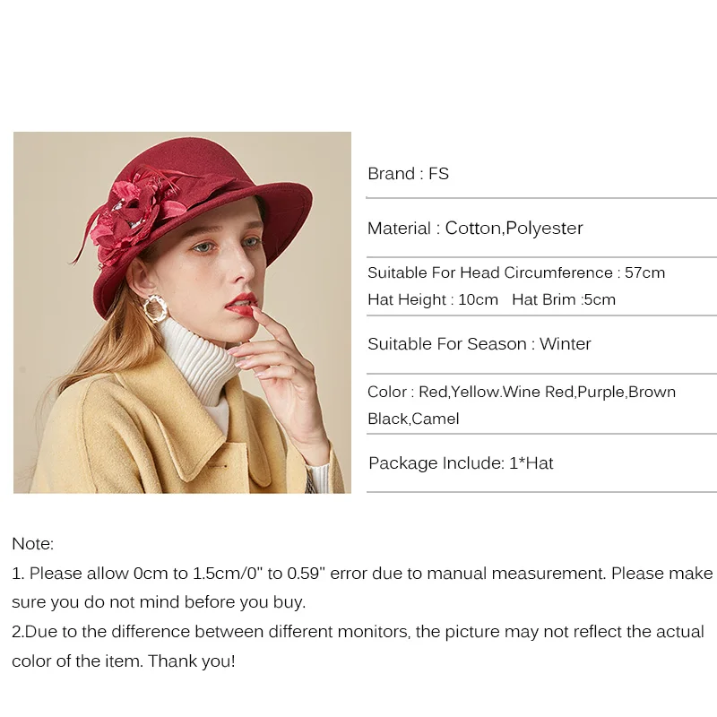 FS Винтаж для женщин Шерсть фетр Клош Федора шляпа элегантные дамы партии церкви