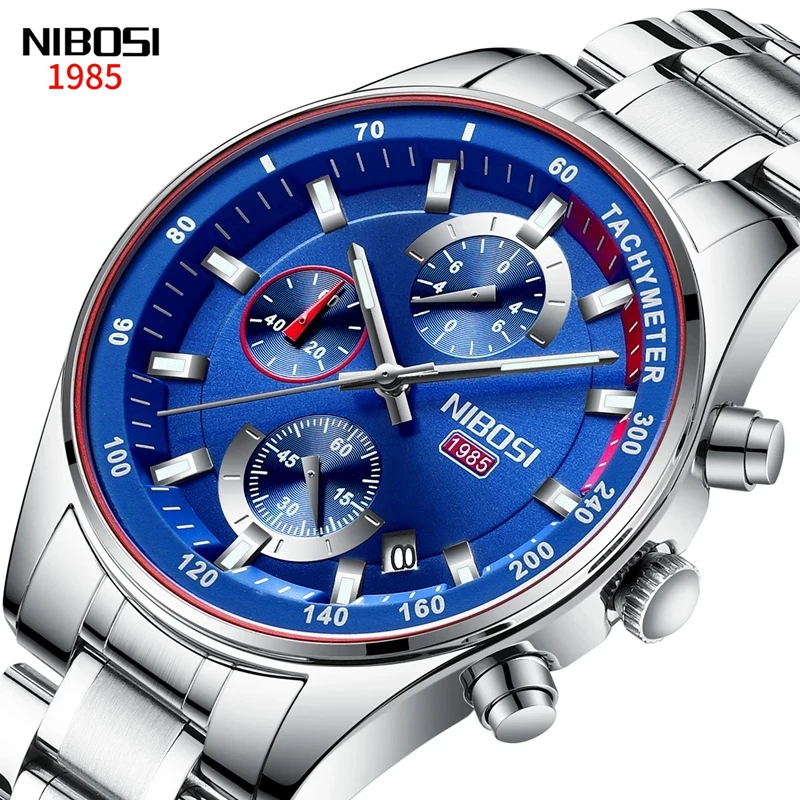 NIBOSI Blue Luxury Quartz Watch Men Watches Sports Watches Chronograph Stainless Steel Waterproof Wrist Watch Relogio Masculino