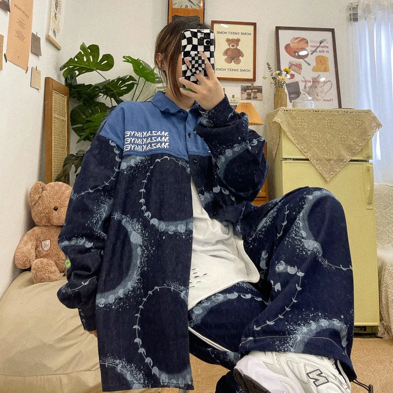 

Homemade Street letter embroidery long sleeve loose large shirt high street minority men and women shirts