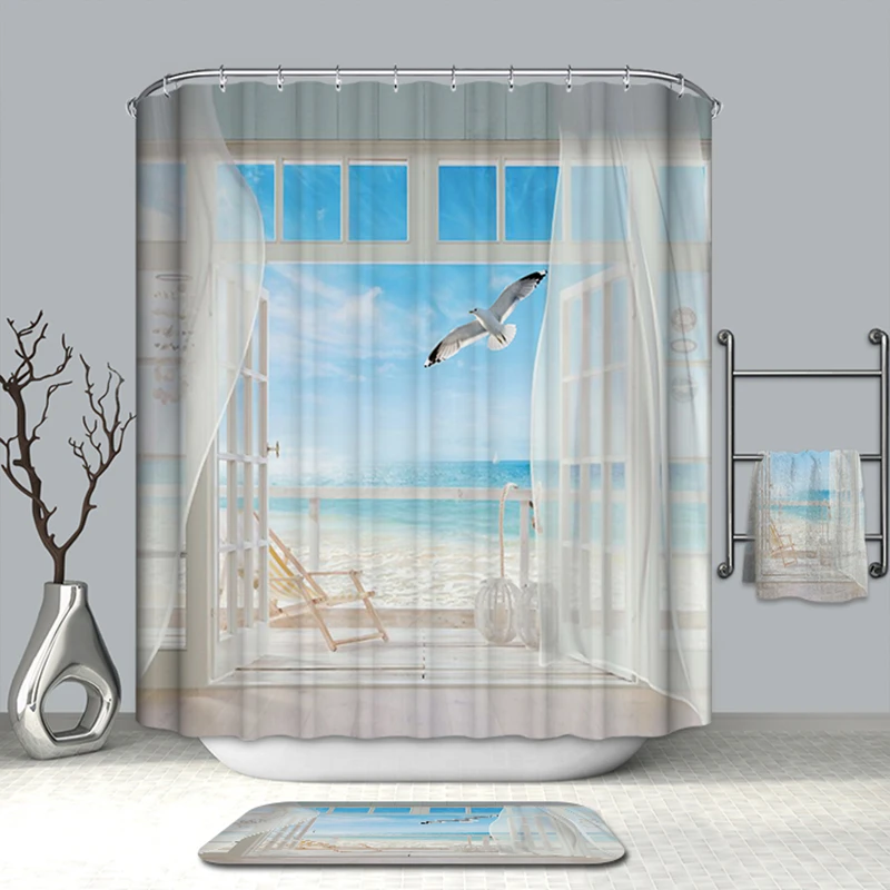 

Modern Simplicity Polyester Shower Curtain 3d Fake Window Beach Seagull Scenic Pattern Thicken Waterproof Bath Curtain With Hook