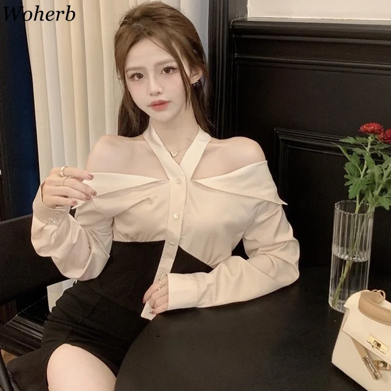 Woherb темпераментные женские рубашки сексуальные блузки с воротником-лодочкой и