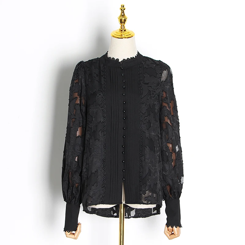

Black Vintage Blouse Female 2021 Fashion New Clothing Tide Splicing See Through Shirt For Women Stand Collar Lantern Sleeve