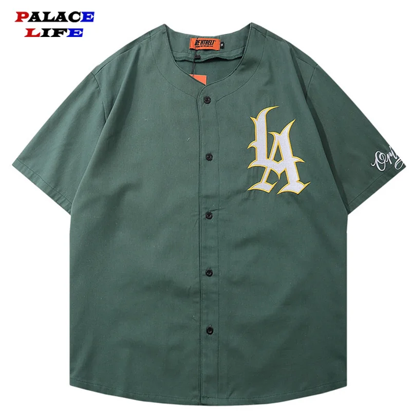 

Hip Hop Men Loose Shirt Vintage Harajuku Letters Embroidery Shirt Short Sleeve Baseball Shirt Casual Streetwear Summer 2021