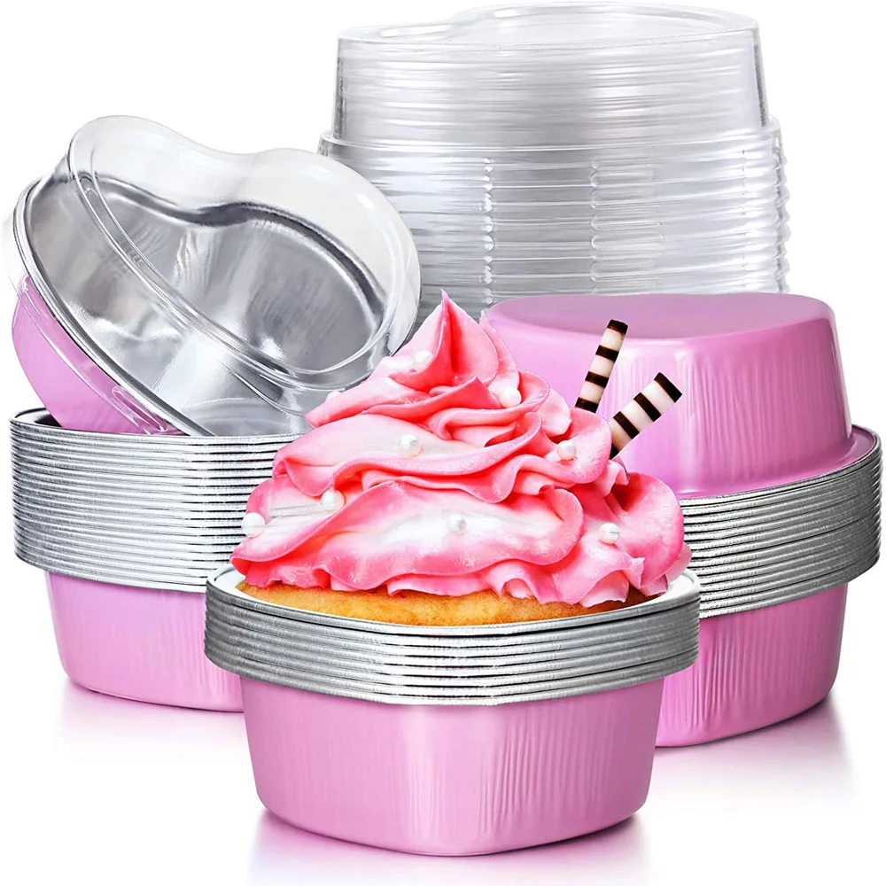 

10 Sets 100ml Aluminum Foil Cake Pan Heart Shaped Cupcake Cup with Lids Flan Baking Pans for Mother's Day Wedding Birthday