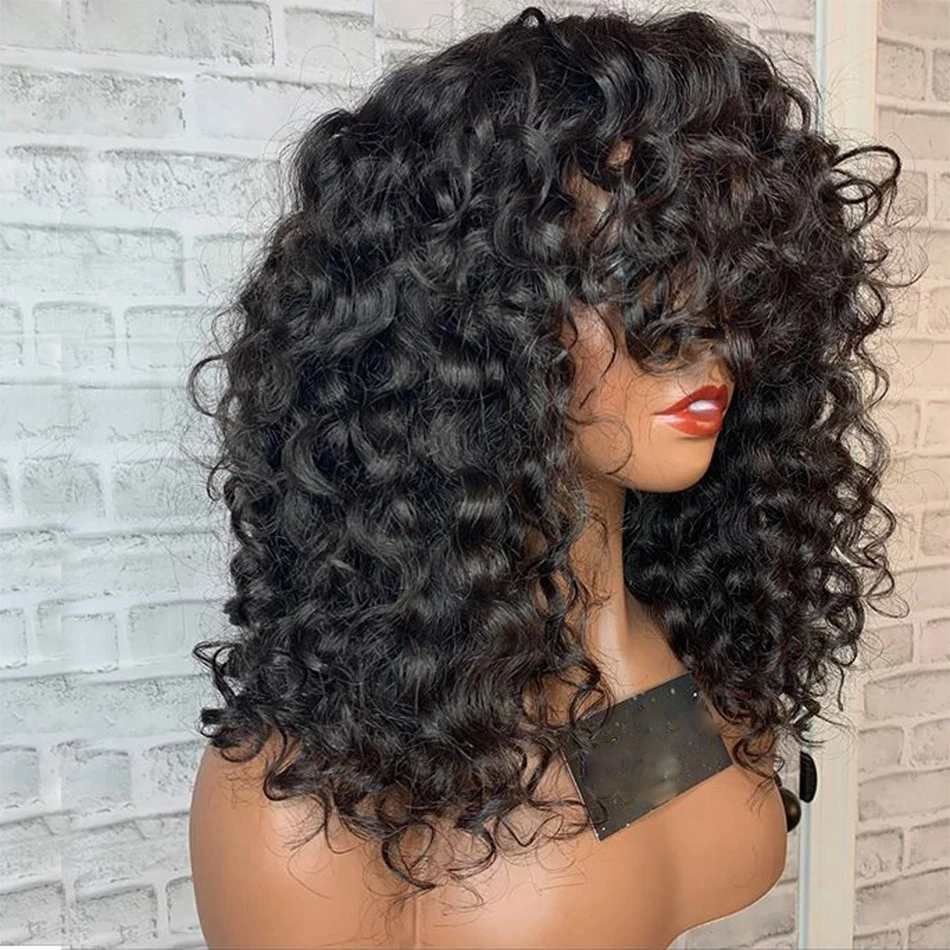 Натуральные волнистые вьющиеся человеческие волосы фронтальные парики с челкой