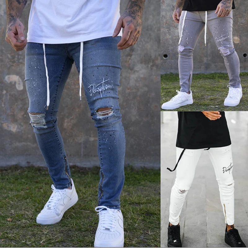 

Mens Solid Color Moto&Biker Jeans New Fashion Slim Pencil Pants Sexy Casual Hole Ripped Design Streetwear Printing Pencil Jeans