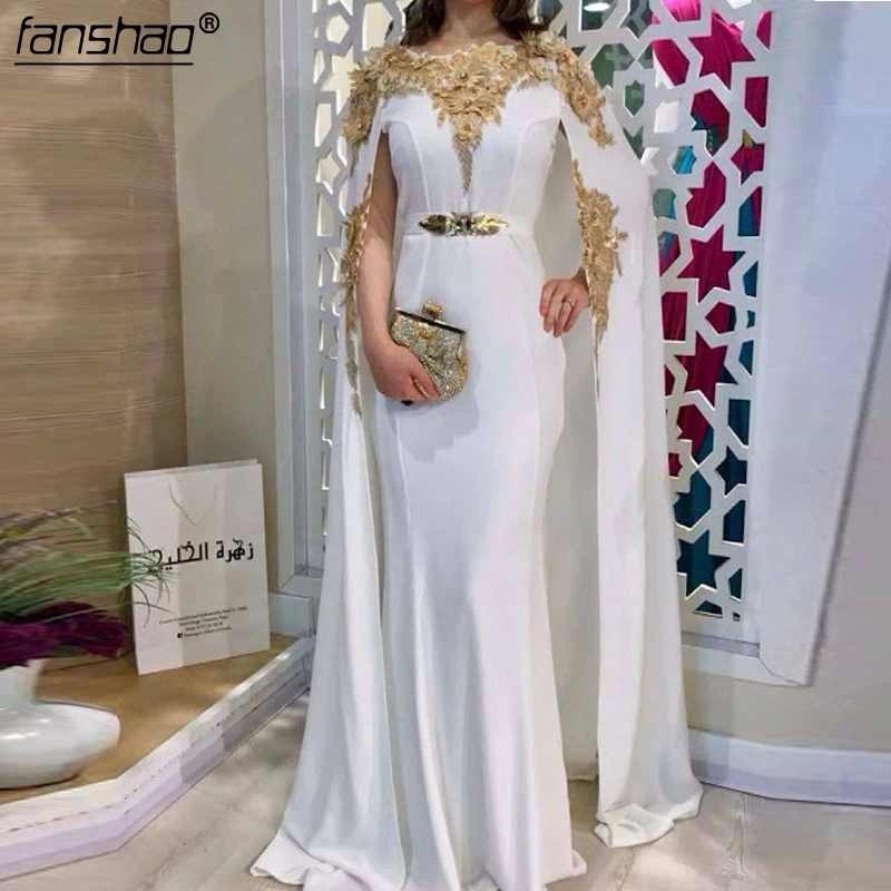 

White Muslim Chiffon Evening Dresses Moroccan Kaftan Gold Appliques Jacket Saudi Arabic Special Occasion Party Dress Plus Size