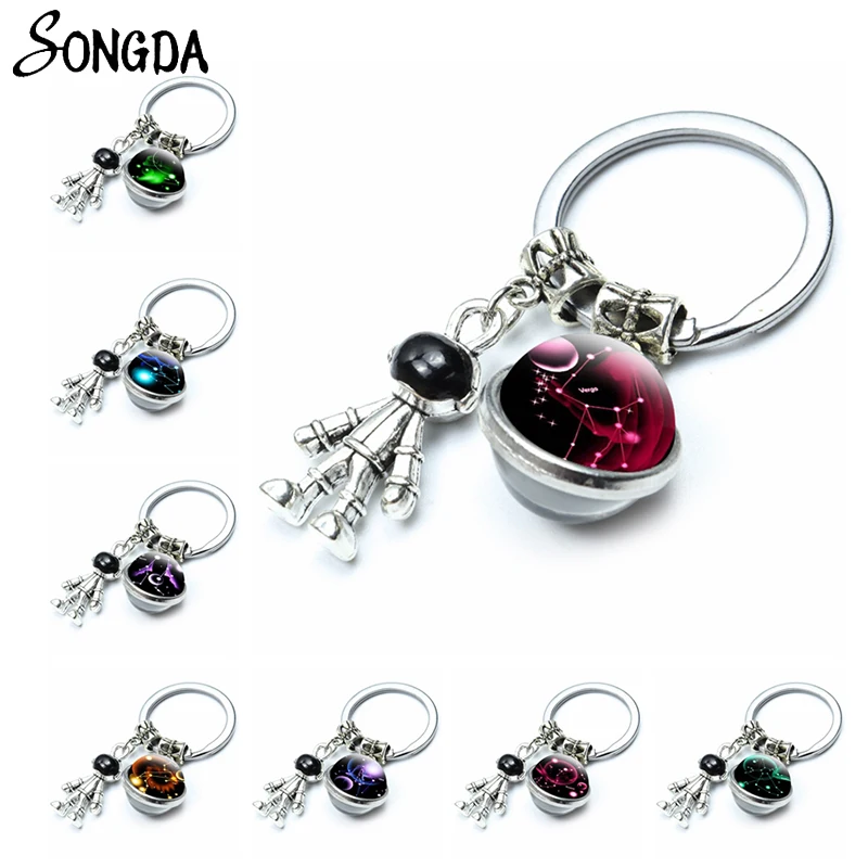 

12 Zodiac Signs Double Side Glass Ball Keychains Spaceman Astronaut Leo Aries Constellation Keyrings Holder Key Chains Jewelry