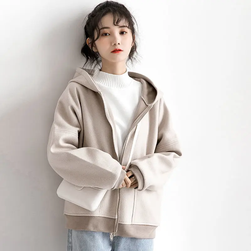 

Женское осеннее шерстяное пальто, новинка 2020, корейские однотонные куртки с длинным рукавом, зимнее пальто с капюшоном, модное свободное Же...