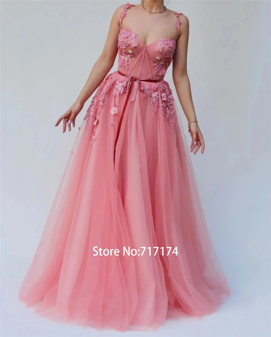 

Spaghetti Straps Pink Long Prom Dress with Crystals Applique Lace Evening Dress with Belt Exposed Boning vestido de baile