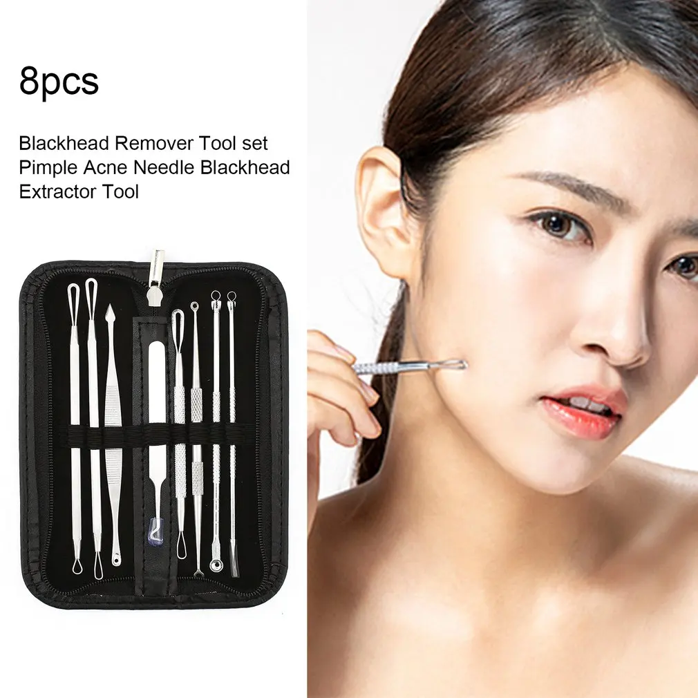 8 Pcs Blackhead Remover Tool Kit Pimple Acne Clip Needle Face Care Comedone Blemish Blackhead Extractor Tool with Leather Case