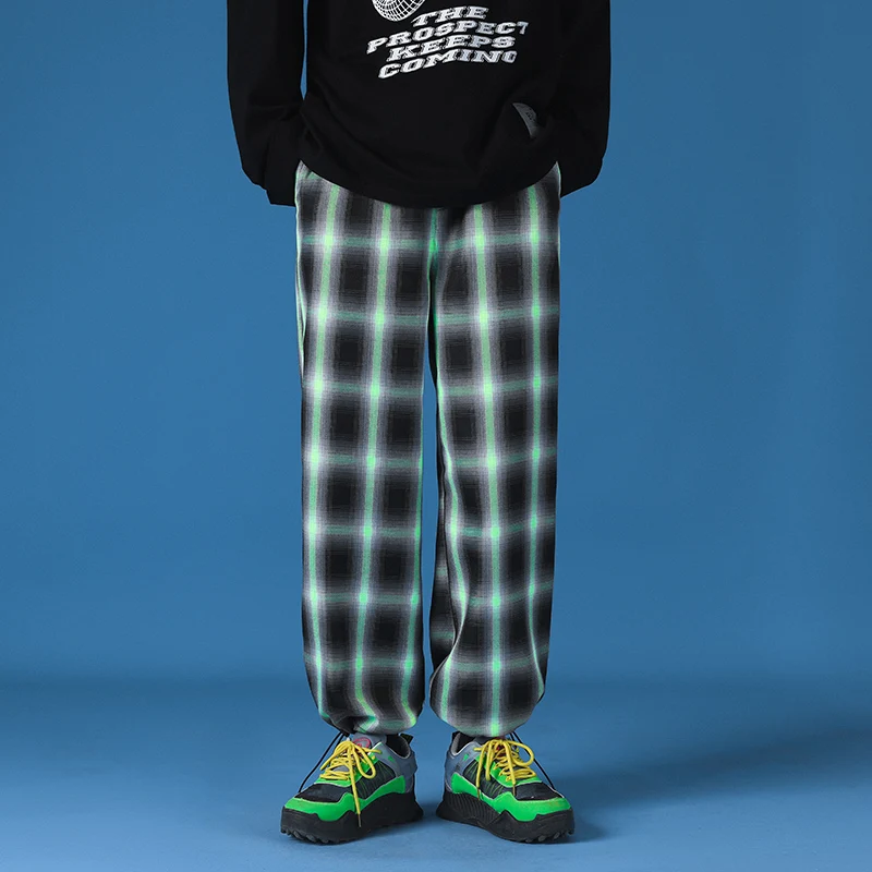 

2021 Spring Summer Men's Plaid Pants Inspired Shadow Checkered Bottom Korean Clothing Drawstring Loose Casual Straight Trousers