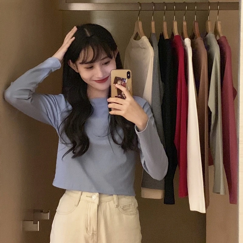 

Туманная и Дымчатая синяя облегающая футболка с длинным рукавом женская модная в Instagram очень популярная базовая стильная футболка Топ Одеж...