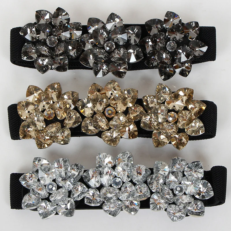 

Rhinestones Flowers Belts Ladies Handmade Korean Fashion Shiny High Quality 65*2.5cm Dress Accessories Elastic Fine Waistband