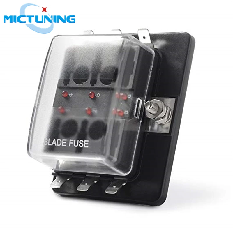 

MICTUNING 6 Way ATC/ATO Auto Universal Blade Fuse Holder Box 6-Circuit Fuse Block with PC Cover Car LED Illuminated Accessories