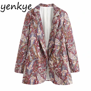 Блейзер Женский с винтажным принтом, офисный Повседневный тонкий пиджак с английским воротником и длинным рукавом, модная верхняя одежда на осень