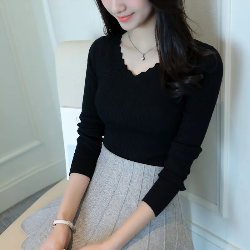 Autumn Long Sleeve Sweater Women Winter Pullovers Solid Black White Knitted Tops Wave Cut V-neck Basic Office 7809 50 | Женская одежда