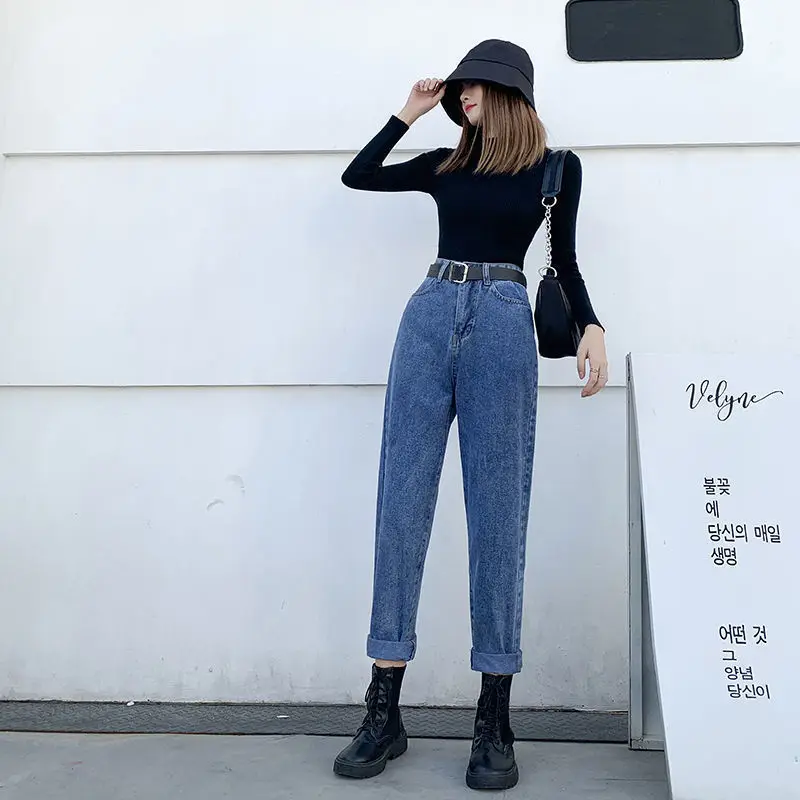 

Women's Spring Autumn Style Jeans Women's Solid Color High With Sashes Pockets Button Pocket Casual Harem Pants KK0334