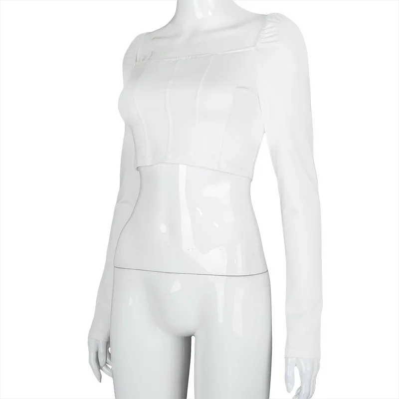 

Autumn White One Word Collar Knitting Crop Top Simple Design Elegant Slim 2020 Winter Harajuku Casual Stretch T-shirts