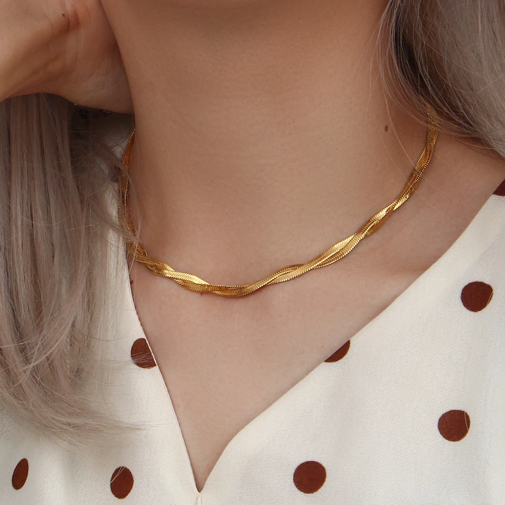 2022 18K Gold Plated Waterproof Braided New Herringbone Chain Necklace Bracelets Set Wholesale Stainless Steel Jewelry For Women